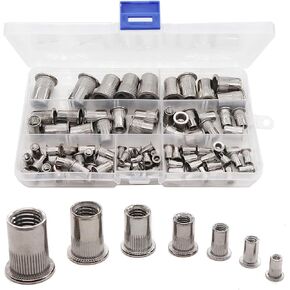 90pcs 304 Stainless Steel Flat Head Threaded Rivetnut Insert Nutsert Rivet Nut Assortment Kit, M3/ M4/ M5/ M6/ M8/ M10/ M12