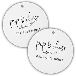 Pop & Cheer When Baby is Here Minimalist Hang Tags | 30 Pk for Baby Shower Mini Champagne Labels Neutral Black and White Neutral