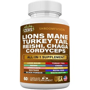 Zeus Naturals Lions Mane Capsules, Mushroom Supplement with Turkey Tail, Cordyceps Reishi Chaga, Alt to Mushroom Gummies or Mushroom Coffee, Made in USA (60 Count)