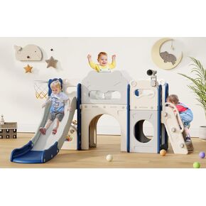 Toddler Slide, 8 in 1 Kids Indoor Slide for Toddler 1-3, Indoor Outdoor Toddler Playground with Basketball Hoop and Telescope, Baby Slide Toddler Indoor Slide Playset(Blue&Gray)
