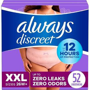 Always Discreet Adult Incontinence Underwear for Women and Postpartum Underwear, XXL, Up to 100% Bladder Leak Protection, 52 CT,