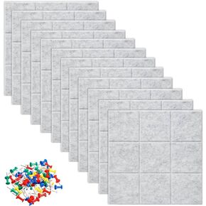 12 Pcs Felt Wall Tiles, Felt Bulletin Board, Self Adhesive Square Pinboard Tiles for Home Office Kitchen, Bulletin Board Wall Tiles for Photos Memos, Light Grey