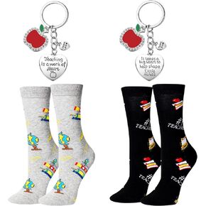 Vicenpal 4 Pieces Teacher Appreciation Gifts Includes Teacher Funny Crew Socks and Teacher Keychains for Teacher's Birthday Graduation, Novelty Thank You Appreciation Gifts for Teacher Women Men