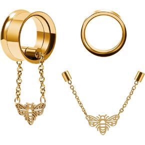 2PCS Stainless Steel Ear Gauges Tunnels Hollow Spider Bee Bat Chain Screw Fit For Men Women 6mm-25mm