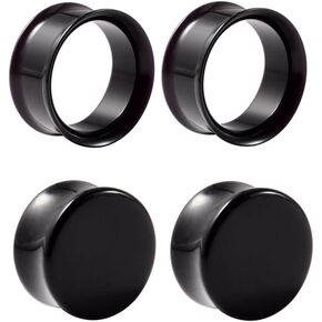 NewZenro Double Flared Black Acrylic Ear Tunnel Plugs Gauges Expanders Saddle Hollow Tunnels Stretcher Earrings for Men Women Cute Lobe Stretching Body Piercings Jewelry 2 Pairs Set Gifts