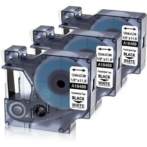 Rhino 5200 Label Tape Replacement for Dymo 18488 Rhino 4200 5000 6000 3000 Label Tape Flexible Nylon Work with DYMO Rhino Pro Industrial Label Makers, Black on White, 1/2 Inch, 3-Pack