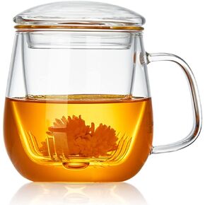 DOPUDO Glass Tea Cup with Infuser and Lid, Borosilicate Large Tea Cup/Mug, 17.6oz/ 520ml, Clear Teacup for Loose Leaf Tea, Blooming Tea, Tea Bag