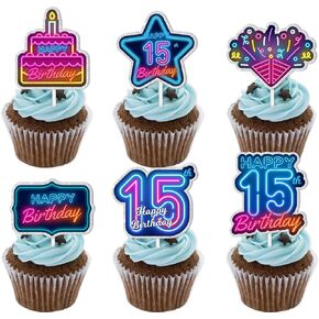 18pcs Blue Fluorescence Glitter Dessert Cupcake Topper Cheer to Let’s Glow Crazy Happy 10th Birthday Theme Decoration Supplies Anniversary Wedding Party Decor Supplies