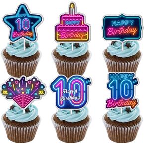 18pcs Blue Fluorescence Glitter Dessert Cupcake Topper Cheer to Let’s Glow Crazy Happy 10th Birthday Theme Decoration Supplies Anniversary Wedding Party Decor Supplies