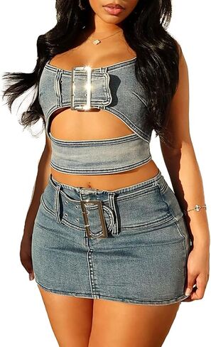 ملابس نسائية مثيرة من Molilove مكونة من قطعتين من قماش الدنيم بدون أكمام وسحاب خلفي ومجموعة تنورة صغيرة مع إبزيم قابل للتعديل in Kuwait