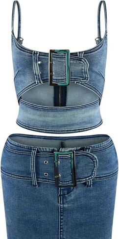 ملابس نسائية مثيرة من Molilove مكونة من قطعتين من قماش الدنيم بدون أكمام وسحاب خلفي ومجموعة تنورة صغيرة مع إبزيم قابل للتعديل in Kuwait