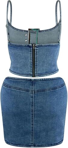 ملابس نسائية مثيرة من Molilove مكونة من قطعتين من قماش الدنيم بدون أكمام وسحاب خلفي ومجموعة تنورة صغيرة مع إبزيم قابل للتعديل in Kuwait