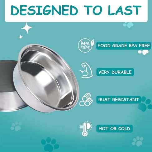 Sreca Pets Stainless Steel Metal Dog Bowl Set of 2, Nonslip Rubber Base, Food Grade, Indoor and Outdoor Use, 4 Cups, Food and Water Pet Dishes, Cats and Small Dogs, Gray in Saudi Arabia