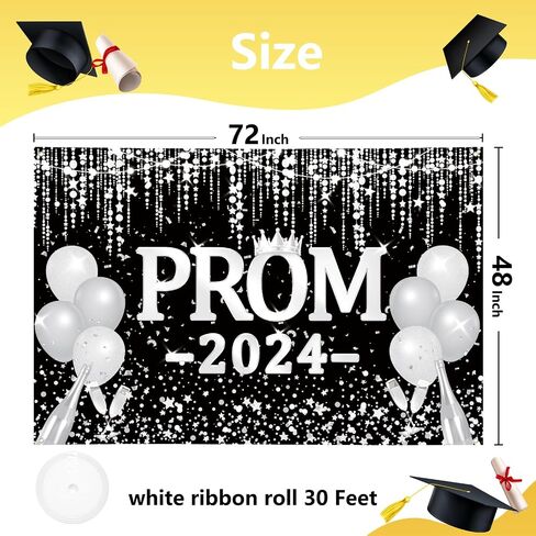 Arosche Prom Decorations 2024 Banner 72" x 48" Backdrop Graduation Prom Party Supplies Black and Silver Photography Congrats Grad Party Decor Background for Indoor Outdoor Garden,Yard,Party Home Decor in Saudi Arabia