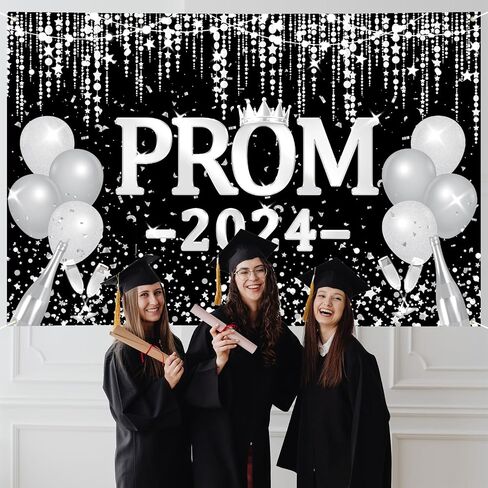Arosche Prom Decorations 2024 Banner 72" x 48" Backdrop Graduation Prom Party Supplies Black and Silver Photography Congrats Grad Party Decor Background for Indoor Outdoor Garden,Yard,Party Home Decor in Saudi Arabia