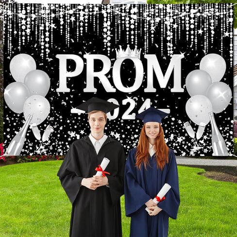 Arosche Prom Decorations 2024 Banner 72" x 48" Backdrop Graduation Prom Party Supplies Black and Silver Photography Congrats Grad Party Decor Background for Indoor Outdoor Garden,Yard,Party Home Decor in Saudi Arabia