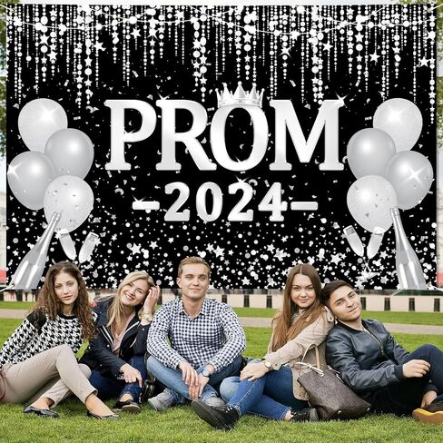 Arosche Prom Decorations 2024 Banner 72" x 48" Backdrop Graduation Prom Party Supplies Black and Silver Photography Congrats Grad Party Decor Background for Indoor Outdoor Garden,Yard,Party Home Decor in Saudi Arabia