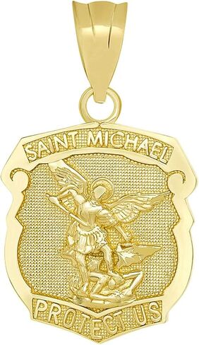 10K Yellow, White, Rose, or Two Tone Gold Saint Michael the Archangel Protect Us Shield Medal Necklace Pendant Charm in Saudi Arabia