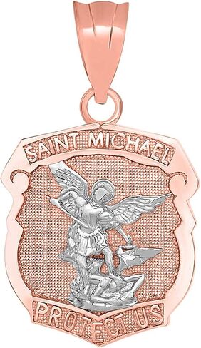 10K Yellow, White, Rose, or Two Tone Gold Saint Michael the Archangel Protect Us Shield Medal Necklace Pendant Charm in Saudi Arabia