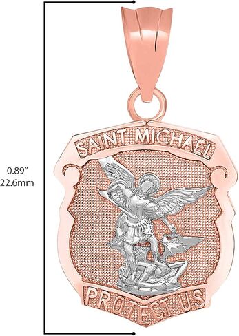 10K Yellow, White, Rose, or Two Tone Gold Saint Michael the Archangel Protect Us Shield Medal Necklace Pendant Charm in Saudi Arabia