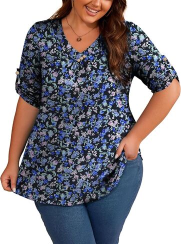 OIDUICOULD Women's Plus Size 3/4 Roll Sleeve Tops V Neck Casual Soft Blouse 1X-4X in Saudi Arabia