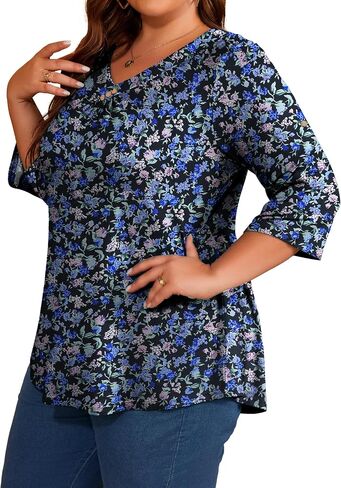 OIDUICOULD Women's Plus Size 3/4 Roll Sleeve Tops V Neck Casual Soft Blouse 1X-4X in Saudi Arabia