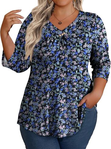 OIDUICOULD Women's Plus Size 3/4 Roll Sleeve Tops V Neck Casual Soft Blouse 1X-4X in Saudi Arabia