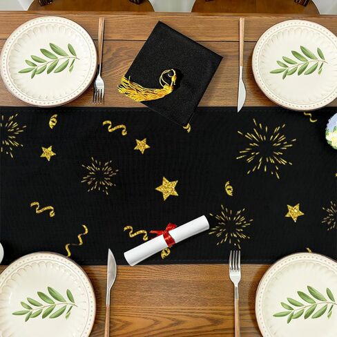 PATIO Choice مفرش طاولة ديكورات التخرج فئة 2024 - تهنئة مفرش طاولة دبلومة غطاء طاولة طعام المطبخ لتزيين الحفلات 13 × 72 بوصة (أسود وذهبي) in Kuwait