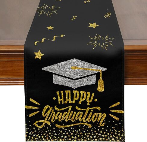 PATIO Choice مفرش طاولة ديكورات التخرج فئة 2024 - تهنئة مفرش طاولة دبلومة غطاء طاولة طعام المطبخ لتزيين الحفلات 13 × 72 بوصة (أسود وذهبي) in Kuwait