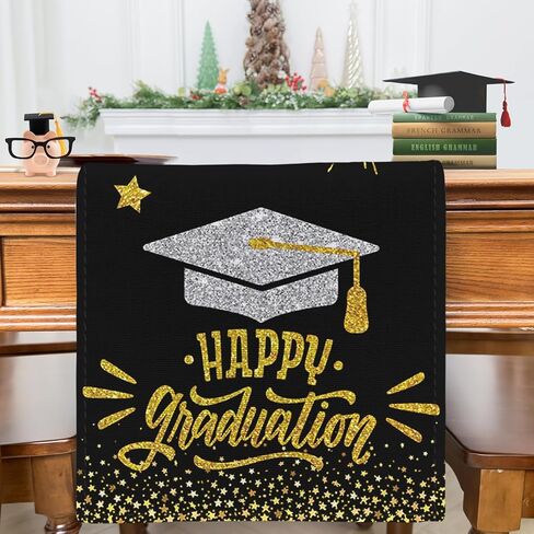 PATIO Choice مفرش طاولة ديكورات التخرج فئة 2024 - تهنئة مفرش طاولة دبلومة غطاء طاولة طعام المطبخ لتزيين الحفلات 13 × 72 بوصة (أسود وذهبي) in Kuwait