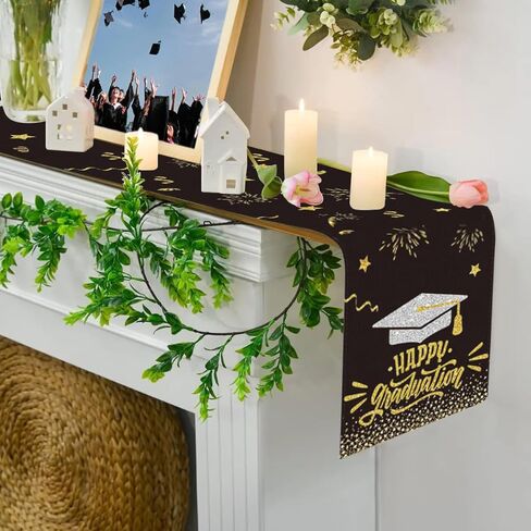 PATIO Choice مفرش طاولة ديكورات التخرج فئة 2024 - تهنئة مفرش طاولة دبلومة غطاء طاولة طعام المطبخ لتزيين الحفلات 13 × 72 بوصة (أسود وذهبي) in Kuwait