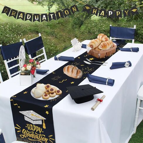 PATIO Choice مفرش طاولة ديكورات التخرج فئة 2024 - تهنئة مفرش طاولة دبلومة غطاء طاولة طعام المطبخ لتزيين الحفلات 13 × 72 بوصة (أسود وذهبي) in Kuwait