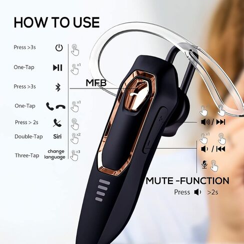Bluetooth Headset, Noise Canceling Bluetooth Earpiece with 2 Microphones, 30 Hours Talking Time, Hands Free Single Ear Trucker Headset Wireless for Cell Phones/PC, One Ear Earphone Bluetooth for Work in Saudi Arabia