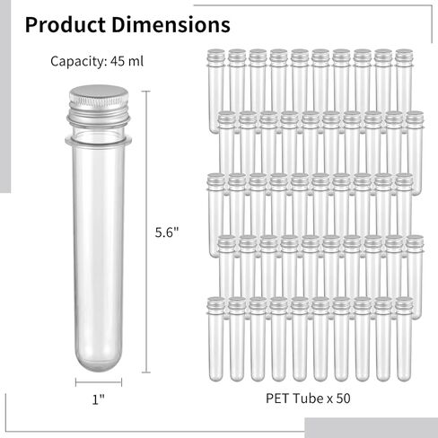 50 PCS Test Tubes, 45 ML Test Tubes with Aluminum Threaded Lids, 1.0 x 5.6 Inches Clear Candy Tubes Vials, Storage Tubes Container for Sample Powder Seed Bead Gift Science Party in Saudi Arabia