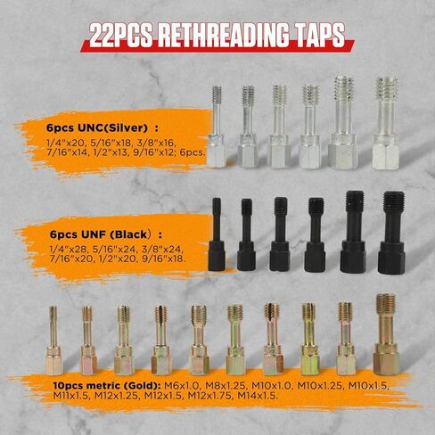 مجموعة مطارد الخيوط 49 قطعة من LINXINO، مجموعة أدوات إصلاح الخيوط مع 22 صنبورًا و24 قالبًا و3 ملفات خيط، UNC UNF ومجموعة أدوات تنظيف الخيوط المترية الرئيسية in Kuwait