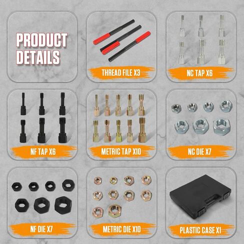 مجموعة مطارد الخيوط 49 قطعة من LINXINO، مجموعة أدوات إصلاح الخيوط مع 22 صنبورًا و24 قالبًا و3 ملفات خيط، UNC UNF ومجموعة أدوات تنظيف الخيوط المترية الرئيسية in Kuwait
