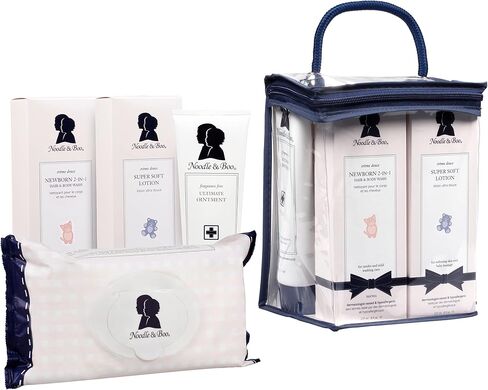 مجموعة هدايا Noodle & Boo Newborn Daily Essentials مكونة من 4 قطع | غسول للشعر والجسم 2 في 1 لحديثي الولادة (8 أونصة)، لوشن فائق النعومة للأطفال (8 أونصة)، مرهم نهائي لطفح الحفاضات (5 أونصة) ومناديل مبللة للتنظيف النهائي للأطفال (72) in Kuwait
