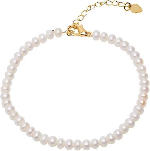 VN Jewelry Handmade Womens 4-5mm Freshwater Pearl Bracelet | White Real Pearl Beaded Bracelet for Ladies Girls - Adjustable 5cm Gold Filled Extender (Potato Shape Pearl) in Saudi Arabia