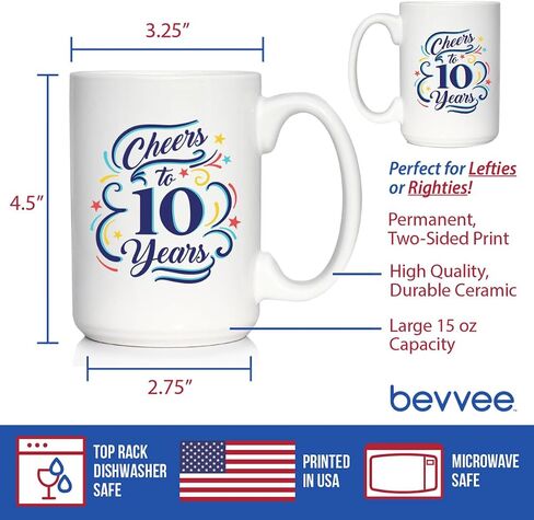 Cheers to 10 Years - هدايا كوب القهوة للنساء والرجال - ديكور حفلة الذكرى السنوية العاشرة - كوب سيراميك أبيض كبير بوزن 15 أونصة in Kuwait
