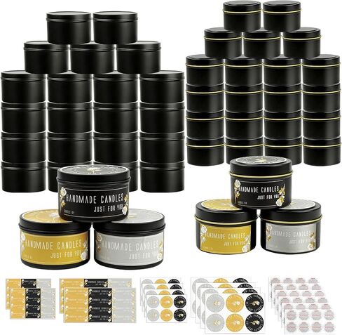 CONNOO 48 Pack Candle Tins - 24 Pack 8 OZ & 24 Pack 4 OZ Premium Matte Black Bulk Empty Candle Containers with Sticky Labels and Lids, Candle Jars for Candle Making, Storage, Arts & Crafts, and Gift in Saudi Arabia