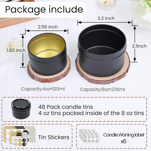 CONNOO 48 Pack Candle Tins - 24 Pack 8 OZ & 24 Pack 4 OZ Premium Matte Black Bulk Empty Candle Containers with Sticky Labels and Lids, Candle Jars for Candle Making, Storage, Arts & Crafts, and Gift in Saudi Arabia