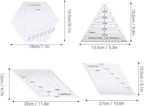 SMGDA 4Pcs Quilting Ruler, Handmade Quilting Templates, 60 Degree Triangle and Diamond, 45° Diamond, Hexagon Templates, Patchwork Sewing Craft Ruler for Drawing, Cutting, Plate and Clothing Design in Saudi Arabia
