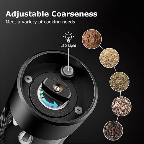 مجموعة مطحنة الملح والفلفل الكهربائية من Bonsenkitchen، 2 عبوة من هزازات مطحنة الملح والفلفل الأوتوماتيكية مع ضوء LED، خشونة قابلة للتعديل، قاعدة تخزين، سعة كبيرة 95 مل، تعمل بالبطارية (غير متضمنة) in Kuwait