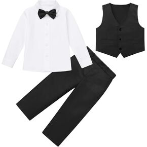IDOPIP Toddler Kids Baby Boys Formal Suit Gentleman Outfit Long Sleeve Shirt with Bowtie + Vest + Pants Overalls Clothes 2-8T in Kuwait