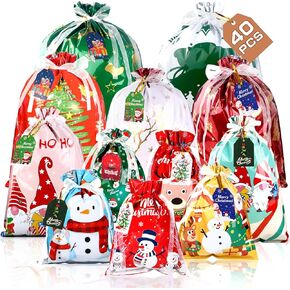 SUNNINO 40Pcs Christmas Drawstring Gift Bags with Tags & Ribbon Ties Assorted Sizes Large Medium Small Wrapping Bags for Christmas Gifts and Party Gifts in Saudi Arabia