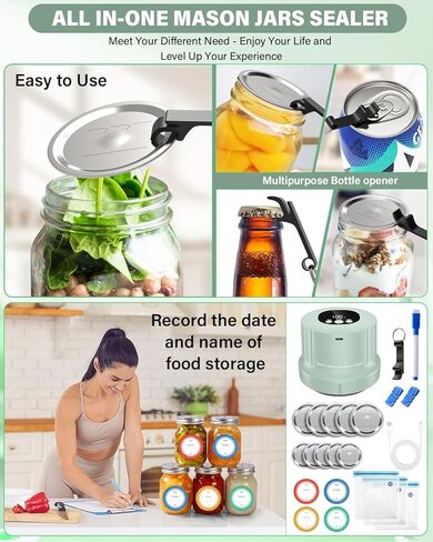 مجموعة أدوات سد الفراغات من ميسون - تعليب أوتوماتيكي بالكامل - سدادة الجرة - ختم الفراغ، 2025 سدادة كهربائية مطورة لبرطمانات ميسون ذات الفم العريض والعادي / التعليب وحقيبة فيديو سو فيد / آلة سدادة البرطمانات للأغذية in Kuwait