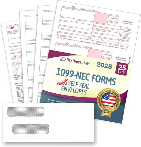 NextDayLabels - نماذج 1099-NEC لعام 2023، نماذج ضريبية مكونة من 4 أجزاء، مجموعة بائع مكونة من 50 نموذج ليزر و50 ظرفًا ذاتي الختم، نماذج مصممة لـ QuickBooks وTFP وبرامج المحاسبة الأخرى in Kuwait