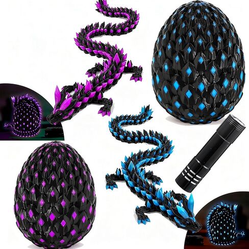 2 Pack 3D Printed Dragon Eggs Animals with Dragon Inside, Glow in The Dark Articulated Dragons Figurines, Black Blue and Black Purple Mystery Dragons Egg Fidget Toys, Home Desk Bookshelf Decor Gifts in Saudi Arabia