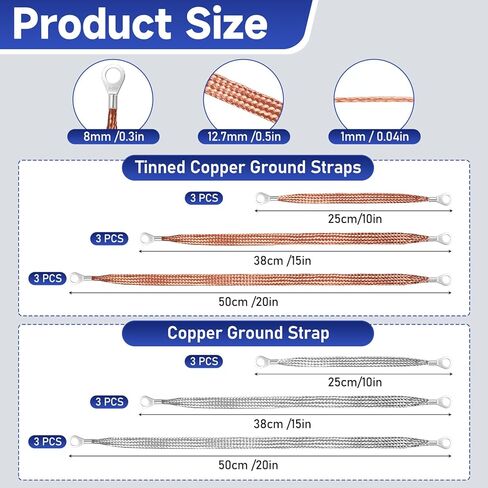 18 Pcs Ground Straps, 10/15/20 Inch Engine Universal Automotive Ground Strap Kit with Ring Terminals Braided Copper Tinned Copper Engine Grounding Cable Straps for Most Cars in Saudi Arabia