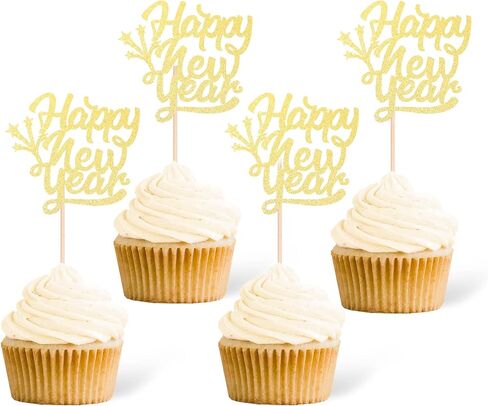 Gexolenu 24 Pcs New Year Cupcake Toppers - Gold Glitter 'Happy 2025', 'Cheers To 2025' Cake Picks For New Year Eve Party Decoration in Kuwait